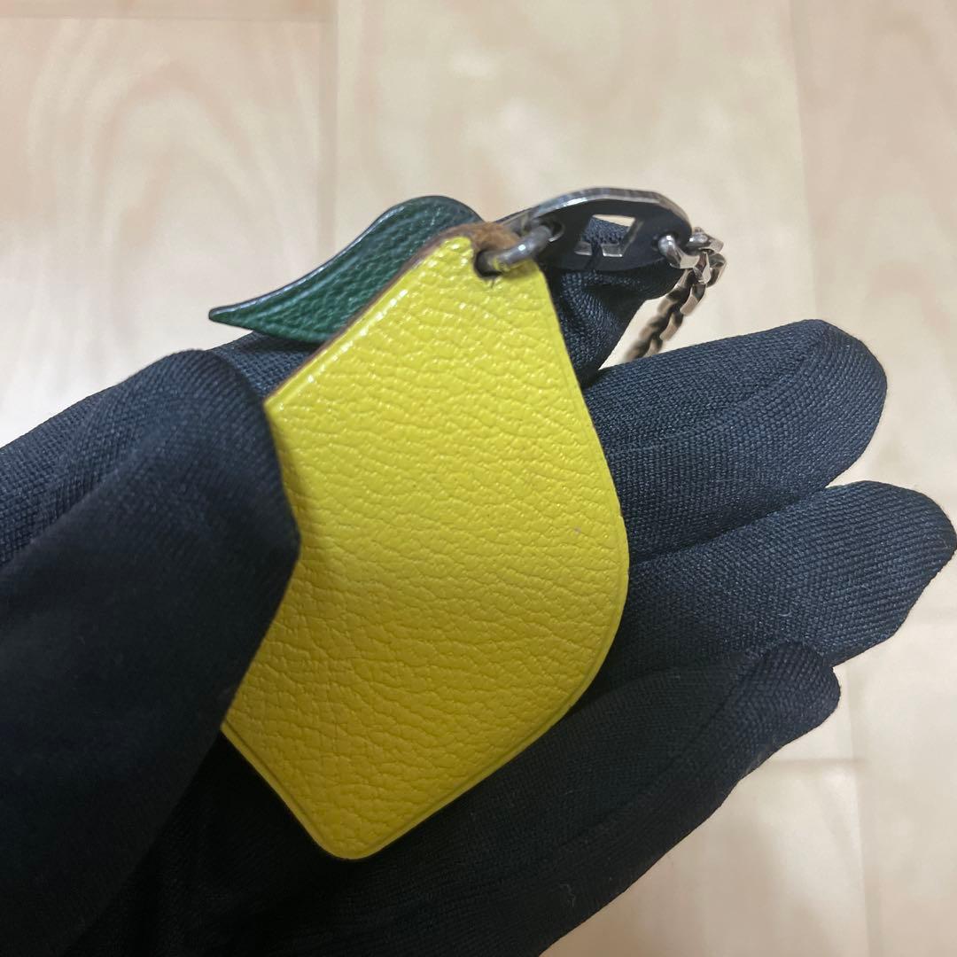 HERMES Lemon Fruit Bag Charm Keychain Yellow Green Leather Silver HW Vintage