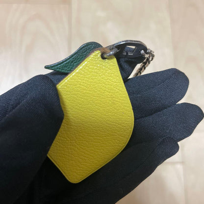 HERMES Lemon Fruit Bag Charm Keychain Yellow Green Leather Silver HW Vintage