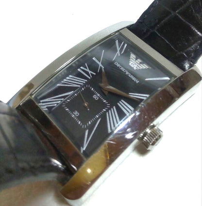 Emporio Armani AR-0143 Mens Quartz Watch Black Dial Silver Rectangle w/Box Used