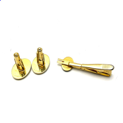 CARTIER 2C Logo Cufflinks Tie Pin Set Gold Tone Black Enamel Mens Accessories