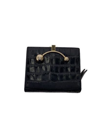 Strathberry Crescent Bifold Wallet Black Croc Embossed Leather Gold Hardware Sna