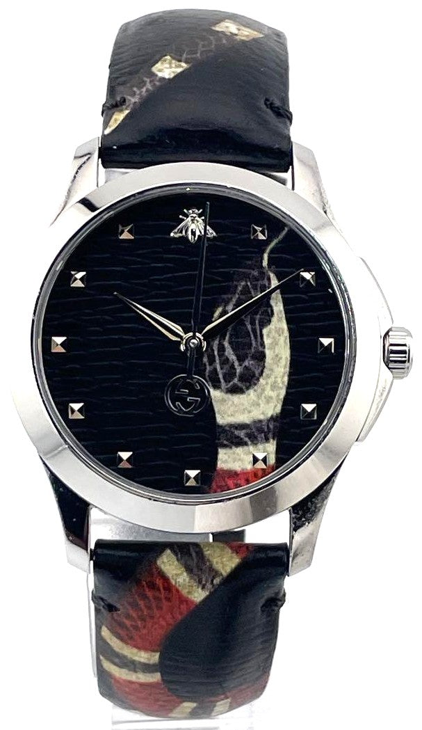 GUCCI G-Timeless Kingsnake Bee 38mm Black Dial Leather Band Watch 126.4 Japan