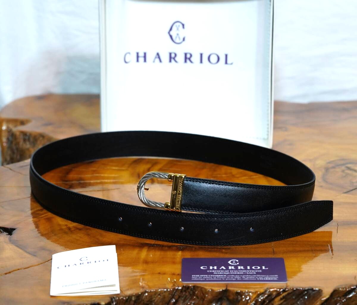 CHARRIOL Cable Buckle Leather Belt Black Gold Silver Hardware Made in France