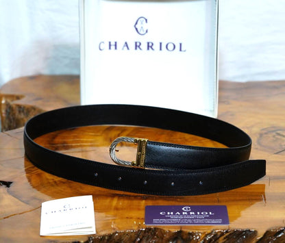 CHARRIOL Cable Buckle Leather Belt Black Gold Silver Hardware Made in France