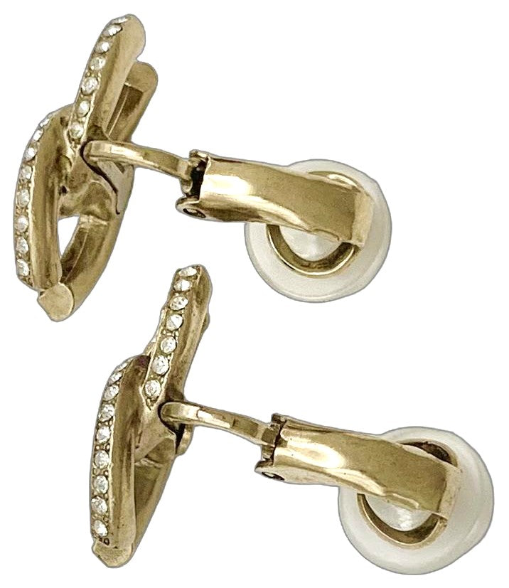 CHANEL CC Logo Earrings 11P Crystal Rhinestone Double Row Gold Tone Authentic