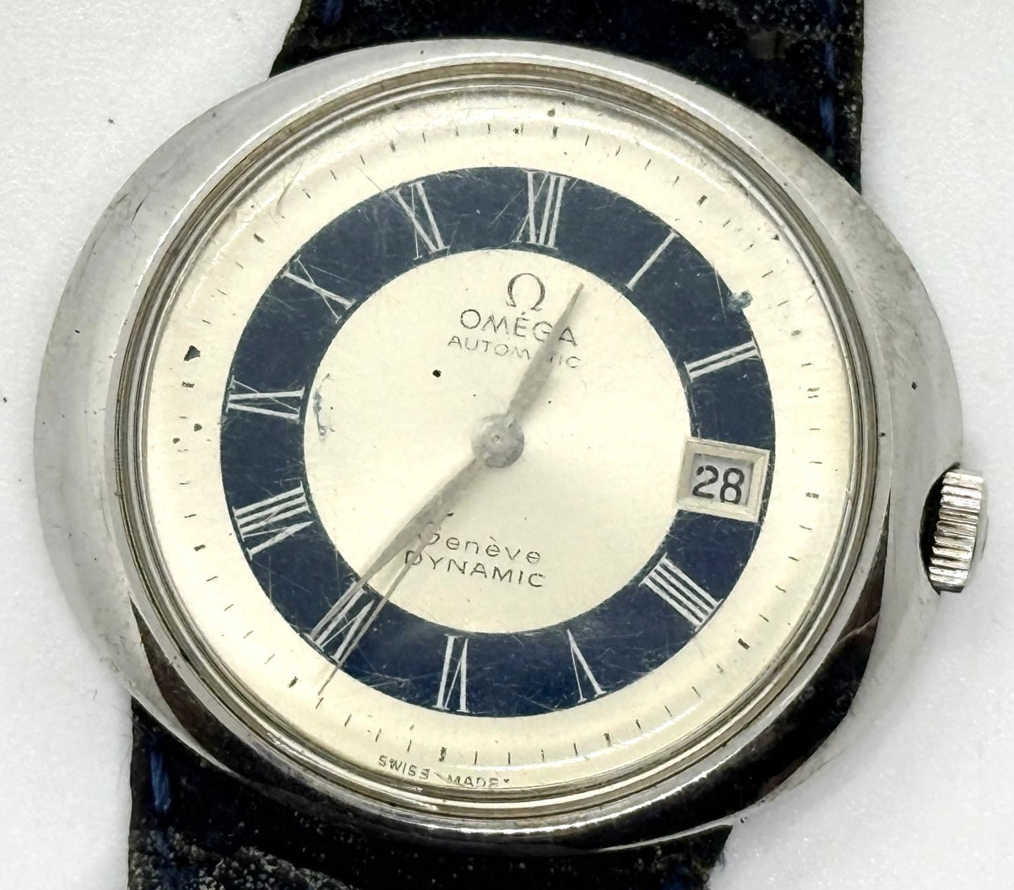 Omega Geneve Dynamic Automatic Watch Silver Blue Roman Dial Date Vintage Swiss