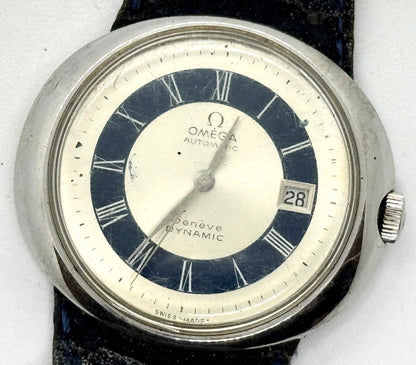 Omega Geneve Dynamic Automatic Watch Silver Blue Roman Dial Date Vintage Swiss