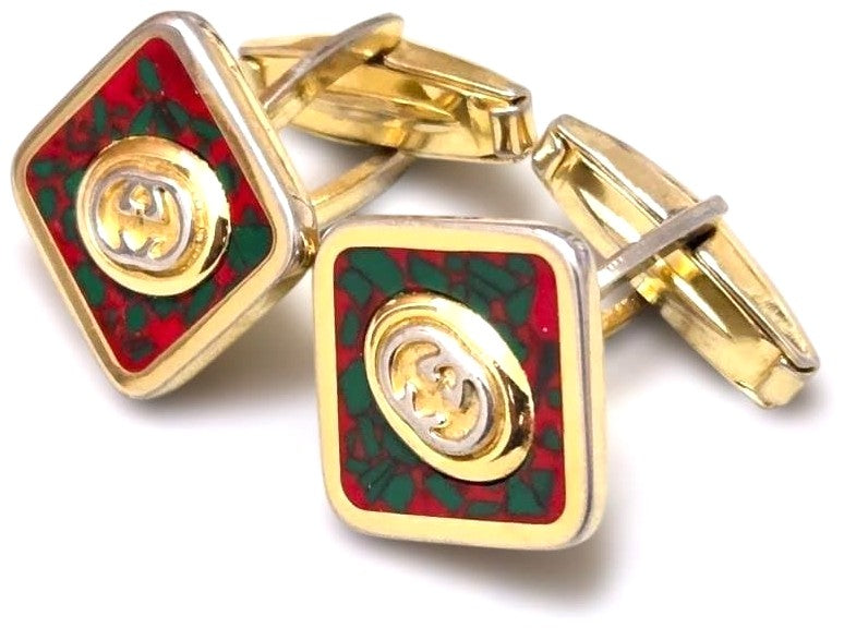 GUCCI GG Logo Cufflinks Red Green Cloisonne Enamel Gold Tone Vintage Authentic
