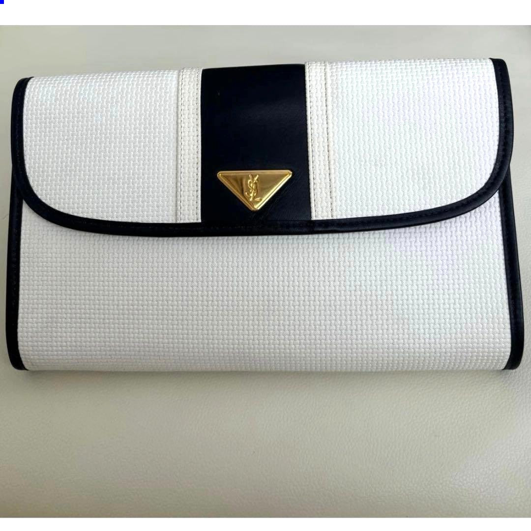 YSL Yves Saint Laurent Clutch Bag White Black Logo Plate Triangle Vintage