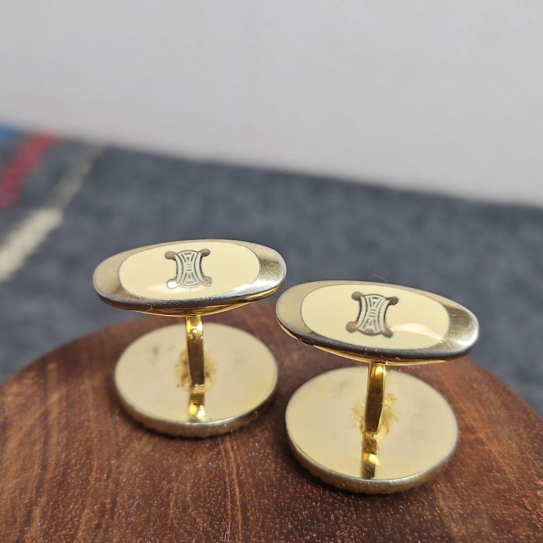 CELINE Carriage Logo Cufflinks Emerald Green Gold Tone Vintage Mens Accessory