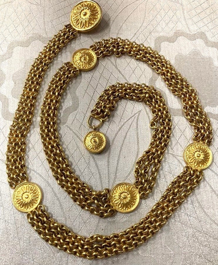 CELINE Vintage Gold Tone Chain Belt Flower Medallion Sunburst Motif 35.0in Auth