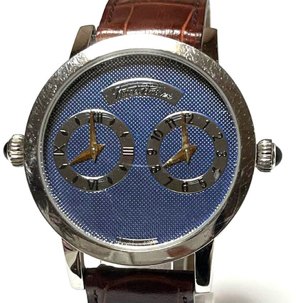 Brooks Brothers Dual Time Zone Quartz Watch Blue Dial Brown Leather Swiss Made