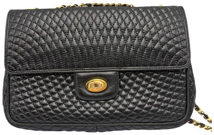 BALLY Quilted Leather Chain Shoulder Bag Black Gold HW 25cm(9.8") Italy Vintage