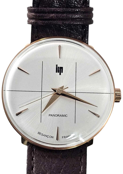 LIP Panoramic 34 Quartz Watch Silver White Dial Rose Gold Case Brown Leather
