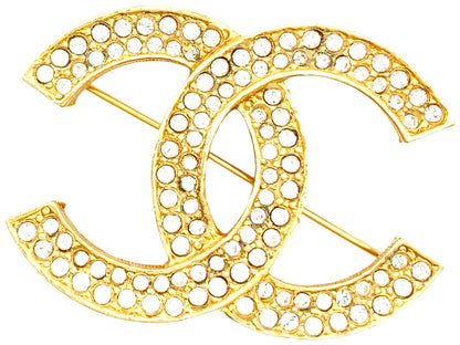 CHANEL CC Logo Brooch Pin Gold Tone Double Row Rhinestone Crystal Vintage Auth