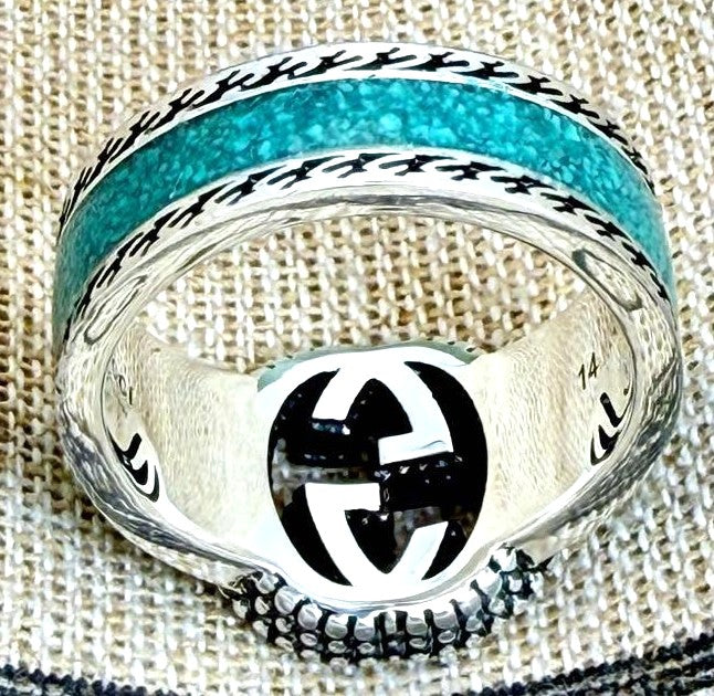 GUCCI Interlocking GG Ring Silver 925 Turquoise Enamel Size US 7 / EU 54 Used