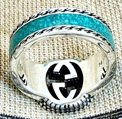 GUCCI Interlocking GG Ring Silver 925 Turquoise Enamel Size US 7 / EU 54 Used