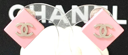 CHANEL CC Logo Earrings Pink Diamond Square Resin Silver Clip-On Authentic
