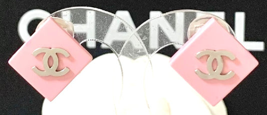 CHANEL CC Logo Earrings Pink Diamond Square Resin Silver Clip-On Authentic