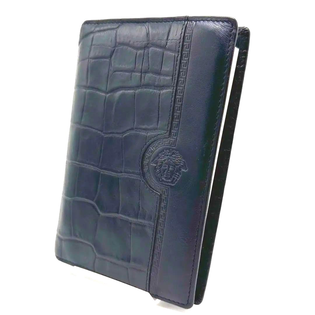 GIANNI VERSACE Medusa Agenda Notebook Cover Black Embossed Leather Gold HW