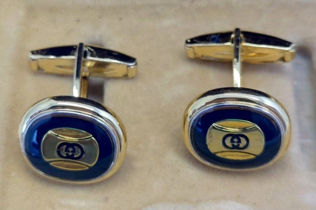 GUCCI Accessory Collection Cufflinks Navy Blue Gold Silver Enamel Vintage Italy