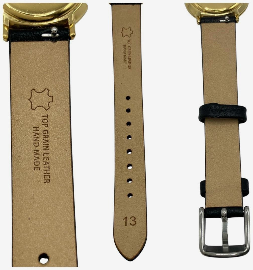 Gucci 3000.2.L Round Watch Black Dial Gold Tone Leather Band Quartz Swiss Made