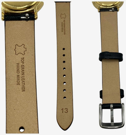 Gucci 3000.2.L Round Watch Black Dial Gold Tone Leather Band Quartz Swiss Made