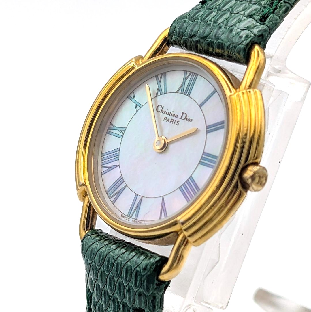 Christian Dior Paris Vintage Watch Shell Dial Gold Green Leather 25.8mm Swiss