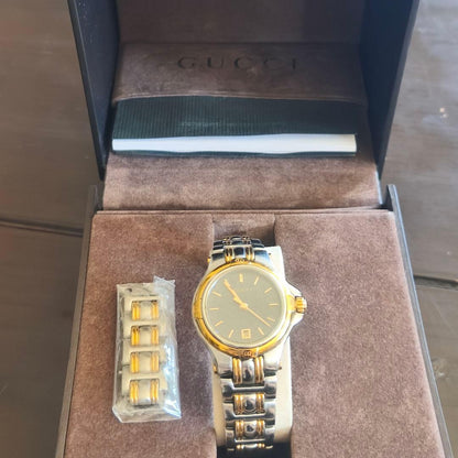 Gucci 9040L Gold Silver Tone Glitter Dial Date Quarts Watch Women With Box