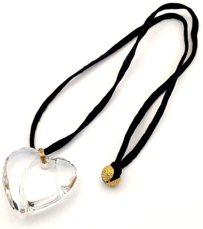 Baccarat Crystal Heart Pendant Necklace Clear Motif Gold Tone Black Cord Ladies