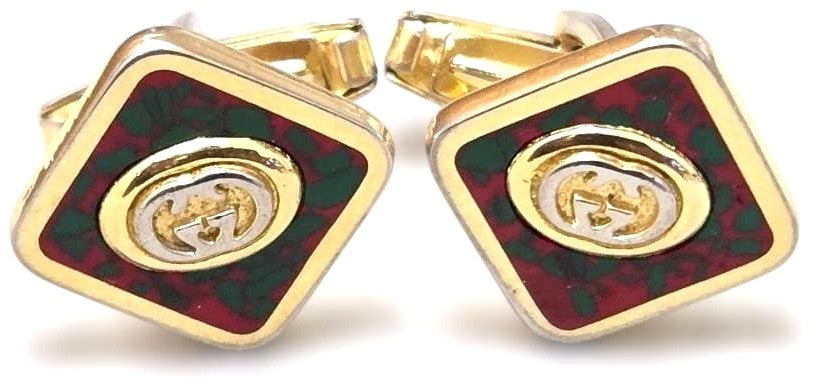 GUCCI GG Logo Cufflinks Red Green Cloisonne Enamel Gold Tone Vintage Authentic