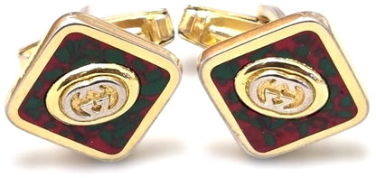 GUCCI GG Logo Cufflinks Red Green Cloisonne Enamel Gold Tone Vintage Authentic