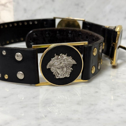 Gianni Versace Medusa Stud Black Leather Belt Gold Silver HW 120cm 47.2in Auth