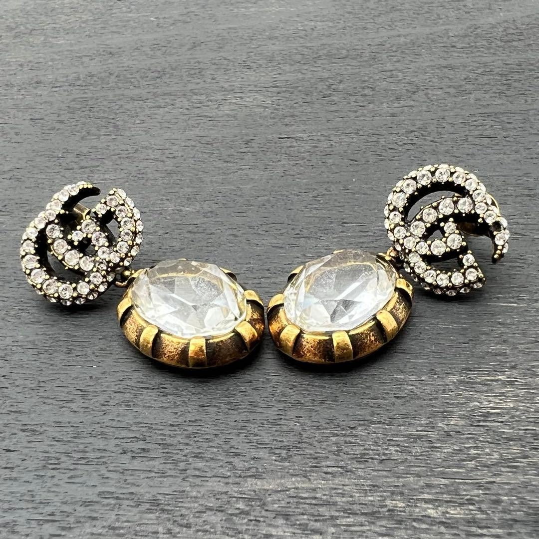 GUCCI Interlocking GG Crystal Drop Earrings Gold Rhinestone Vintage Auth Japan