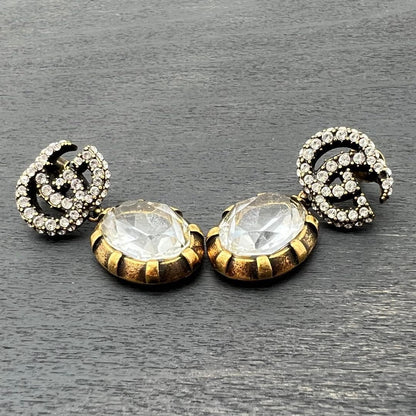 GUCCI Interlocking GG Crystal Drop Earrings Gold Rhinestone Vintage Auth Japan