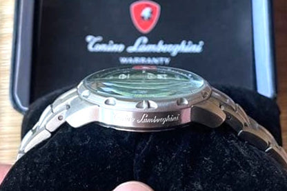 Tonino Lamborghini Chronograph Watch Silver Stainless Steel Black Dial Box 2002
