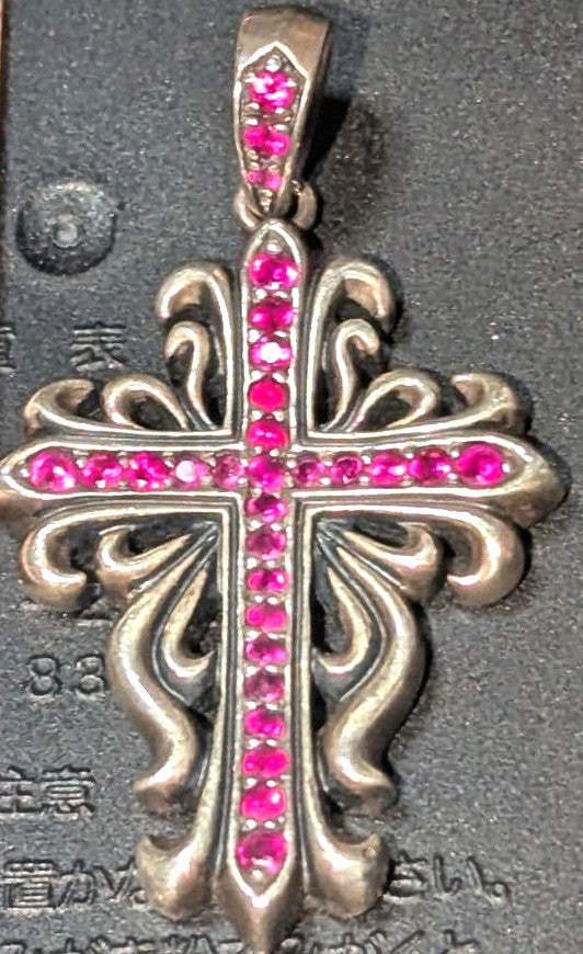A&G Ruby Cross Pendant Top Silver Gothic Fleur Vintage Pink Stones Rare Japan