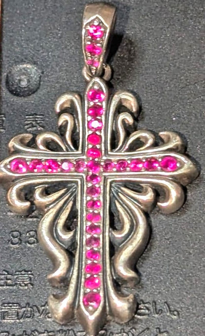 A&G Ruby Cross Pendant Top Silver Gothic Fleur Vintage Pink Stones Rare Japan