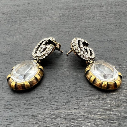 GUCCI Interlocking GG Crystal Drop Earrings Gold Rhinestone Vintage Auth Japan