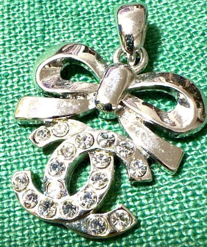 CHANEL Vintage CC Logo Bow Pendant Top Silver Rhinestone Charm Authentic Used