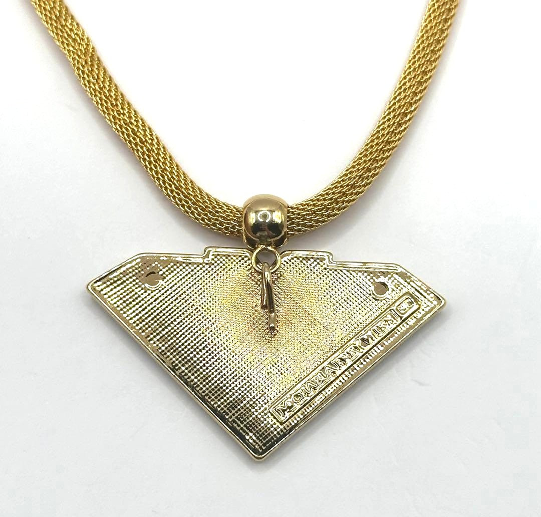 Michaela Frey Wien Enamel Pendant Necklace Blue Gold Mesh Chain 17.7in Austria