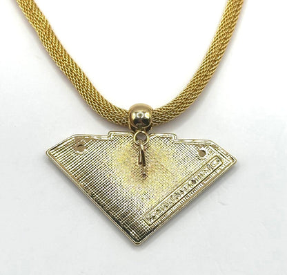 Michaela Frey Wien Enamel Pendant Necklace Blue Gold Mesh Chain 17.7in Austria