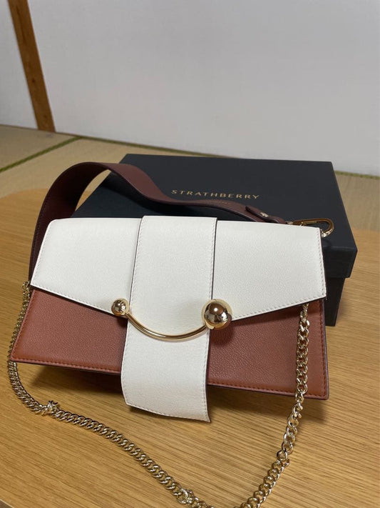 Strathberry East/West Mini Bag White Brown Bicolor Leather Gold Chain Crossbody