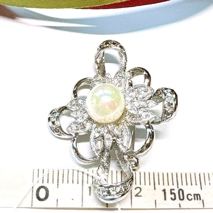 Akoya Pearl Silver Tone Flower Pendant Top Brooch 2-Way CZ Accent Japan Used