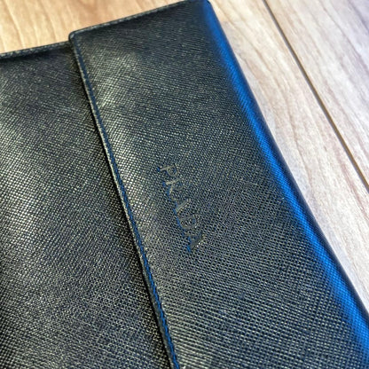 PRADA Saffiano Leather Notebook Cover Planner Case Black Gold HW 10.5x18cm