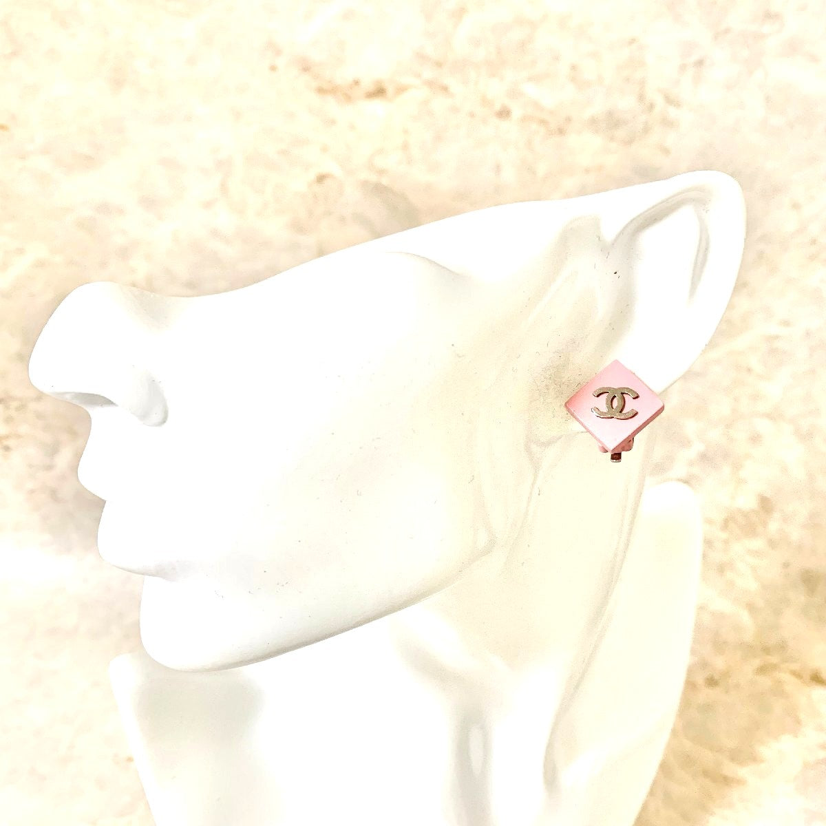 CHANEL CC Logo Earrings Pink Diamond Square Resin Silver Clip-On Authentic