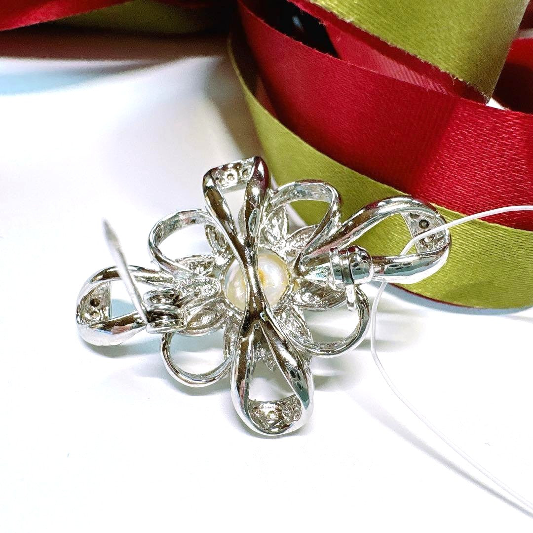 Akoya Pearl Silver Tone Flower Pendant Top Brooch 2-Way CZ Accent Japan Used