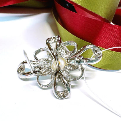 Akoya Pearl Silver Tone Flower Pendant Top Brooch 2-Way CZ Accent Japan Used