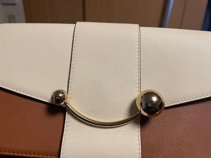 Strathberry East/West Mini Bag White Brown Bicolor Leather Gold Chain Crossbody