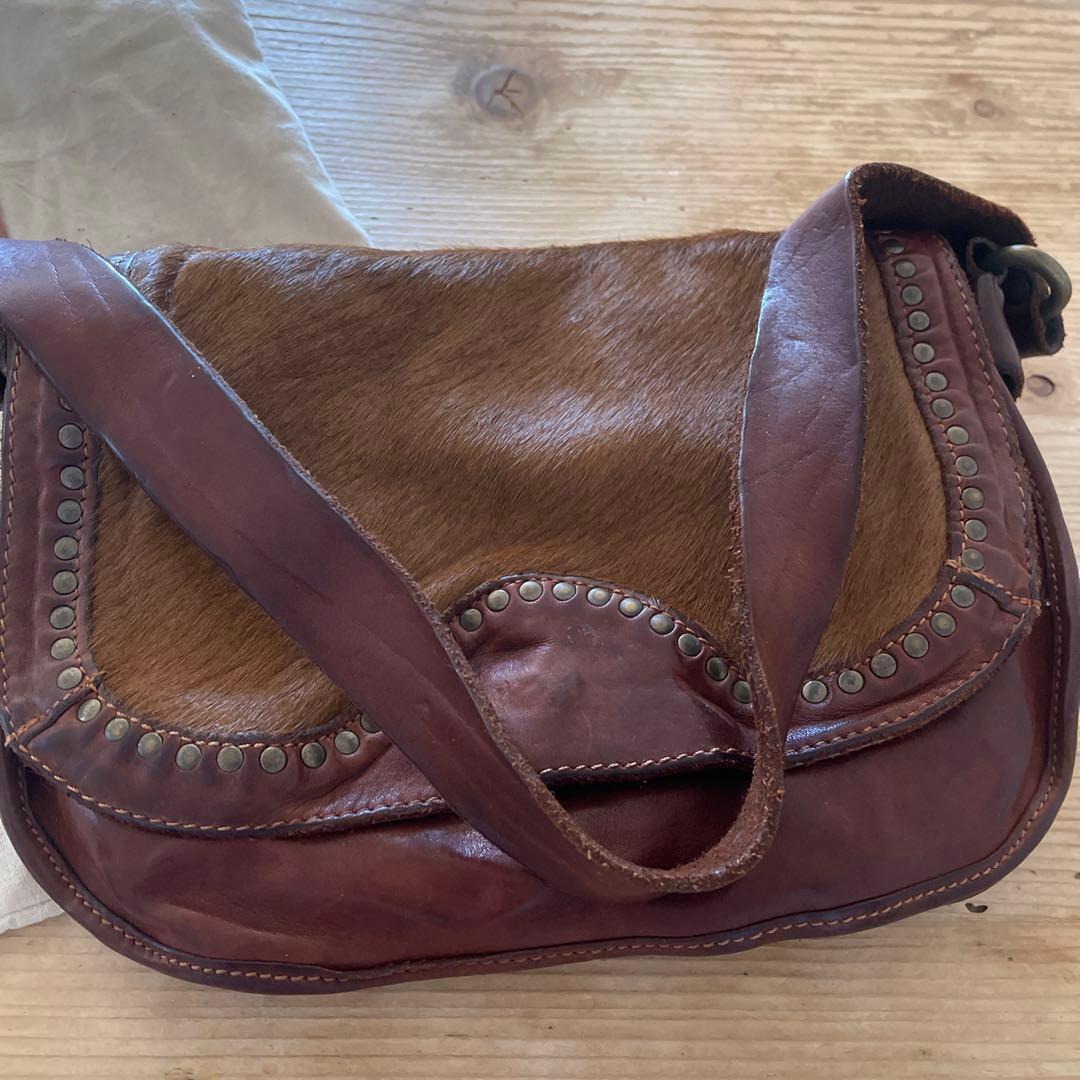 CAMPOMAGGI Leather Shoulder Bag Brown Calf Hair Studded Italy Crossbody Vintage